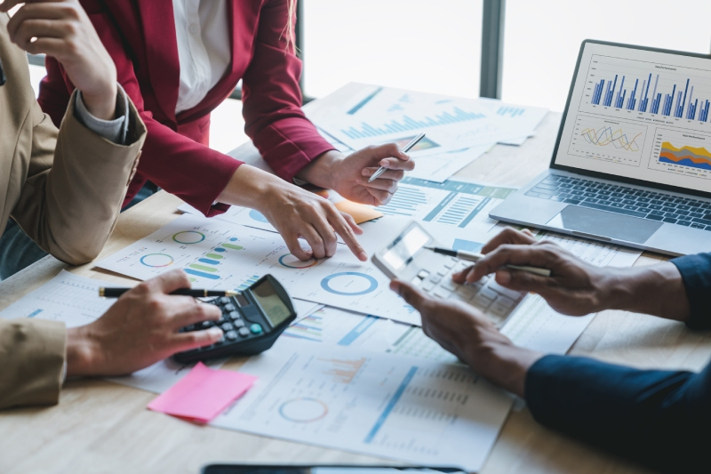 Financial planning data (business women calculate finances)