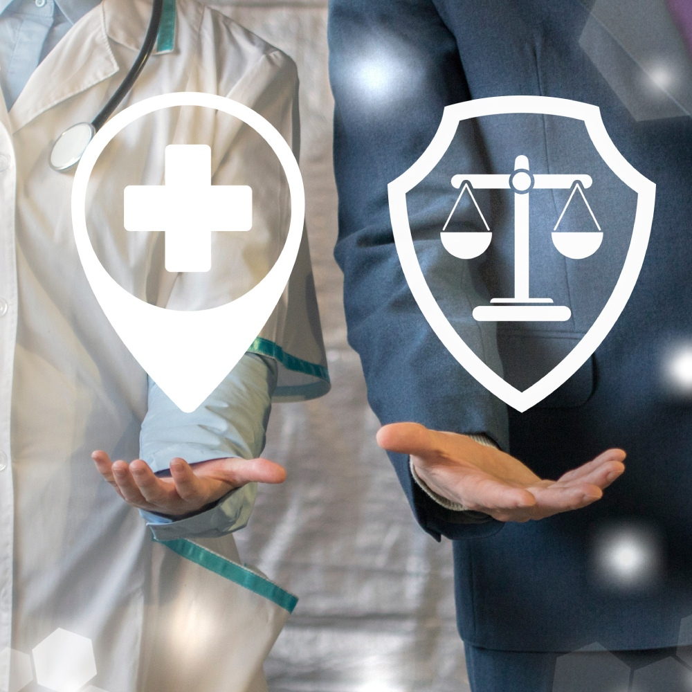 Physician and lawyer with symbols representing medical + law
